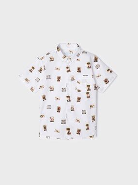 Size 3T Mayoral White Short-Sleeve Button-Down Shirt with Travel Print
